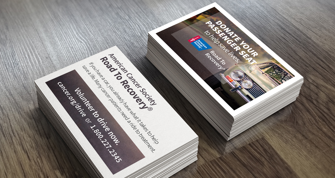 American Cancer Society Road To Recovery business card, Donate Your Passenger Seat to help save lives.